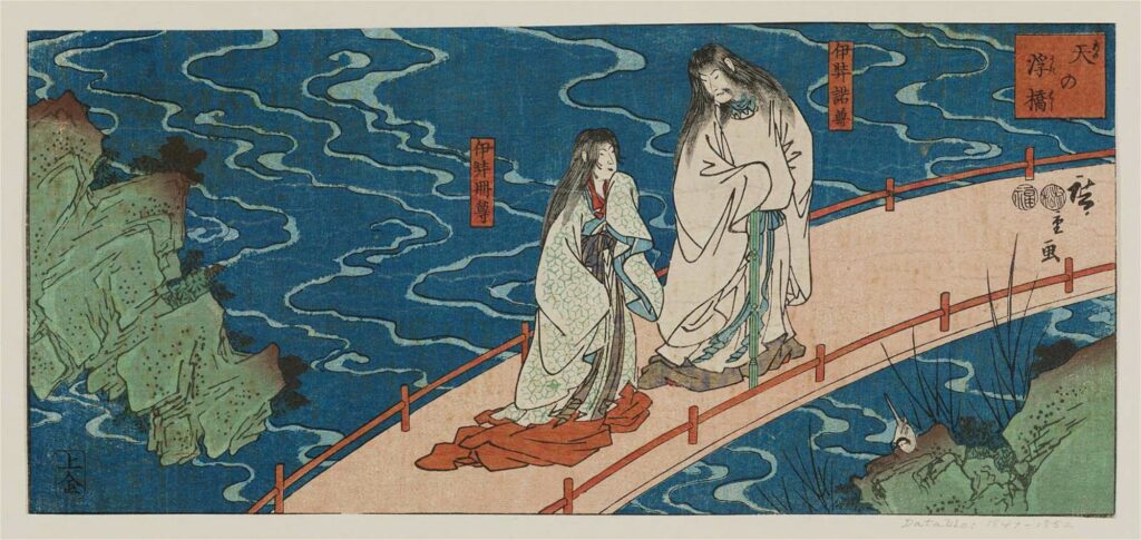 Izanami et Izanagi sur le pont céleste, estampe d'Utagawa Hiroshige (1849)
