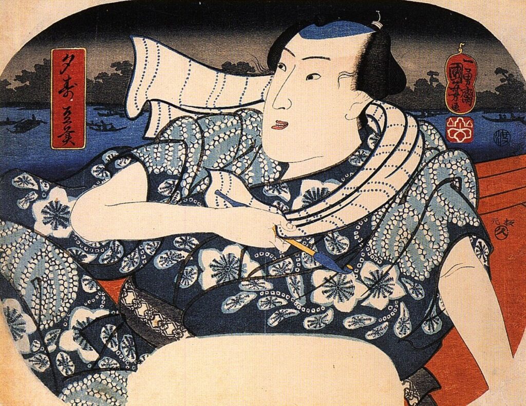 Ichikawa Danjūrō VIII prenant le frais en yukata sur le fleuve Sumida (Utagawa Kuniyoshi)